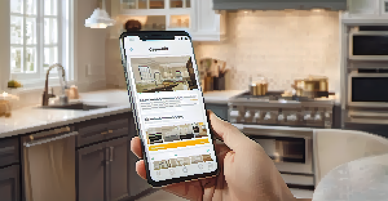 A close-up of a smartphone displaying contractor reviews, with a kitchen renovation in the background.