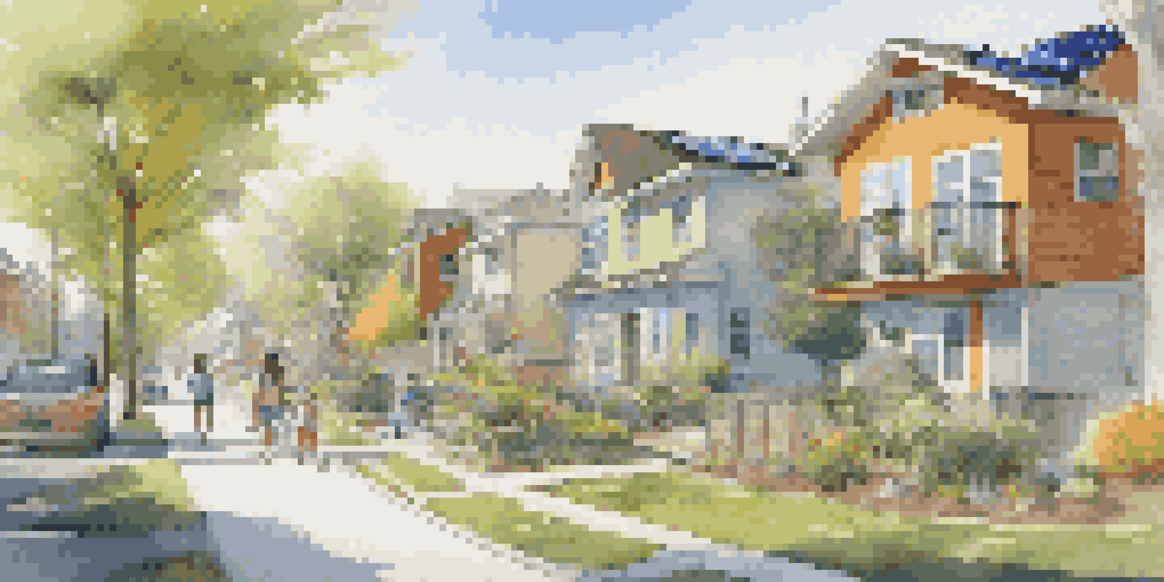 A sunny neighborhood with homes equipped with smart technologies, solar panels, and smart security features, children playing in the street.