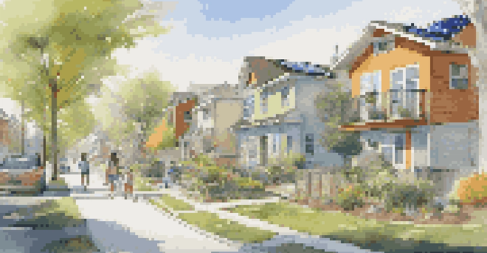 A sunny neighborhood with homes equipped with smart technologies, solar panels, and smart security features, children playing in the street.