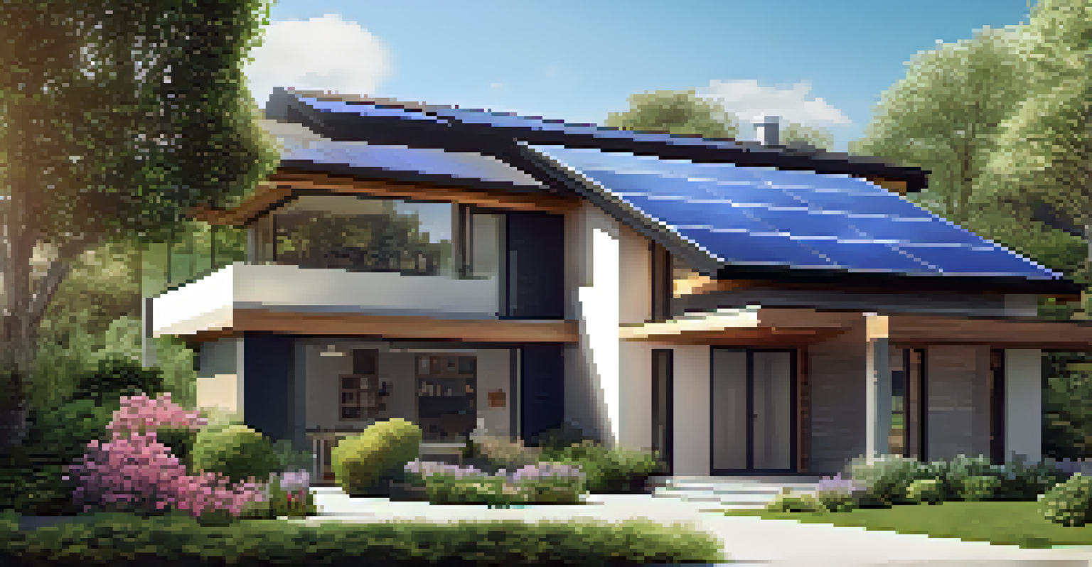 A contemporary home with solar panels and smart technology surrounded by a vibrant garden, illuminated by sunlight.