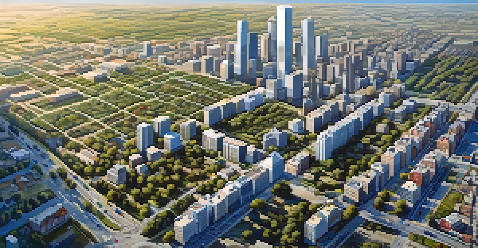 Aerial view showing a contrast between a busy city and a tranquil rural area.