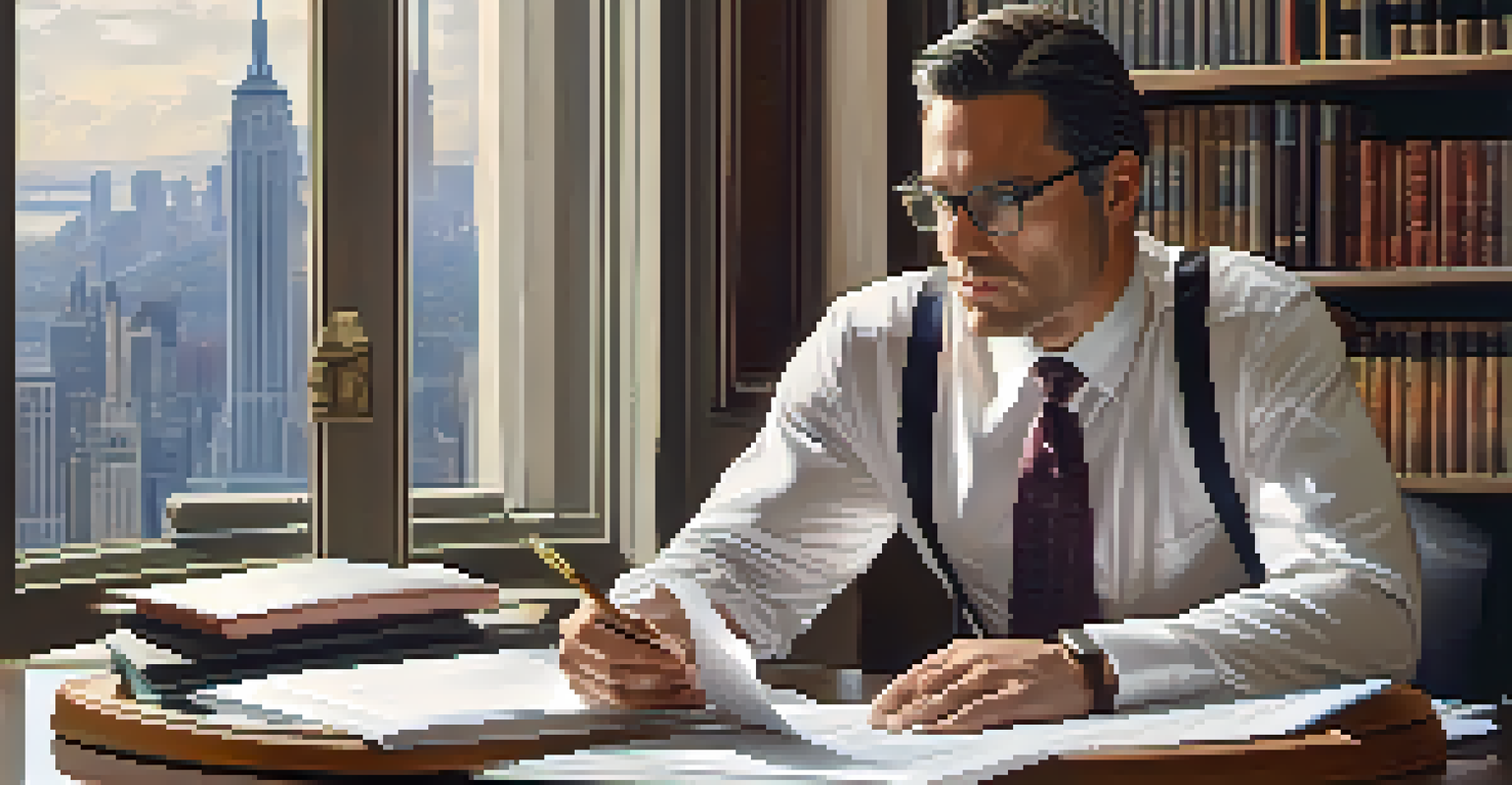 A property manager carefully reviewing documents in an office, with legal books on a shelf in the background.