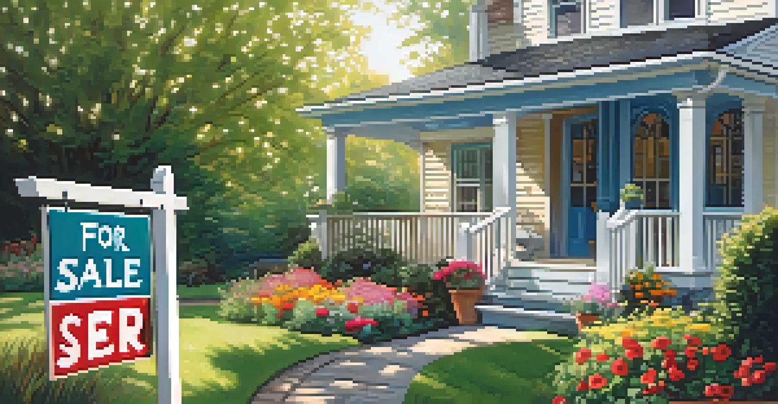 A close-up of a 'For Sale' sign in front of a charming house with a beautiful garden, illuminated by morning sunlight.