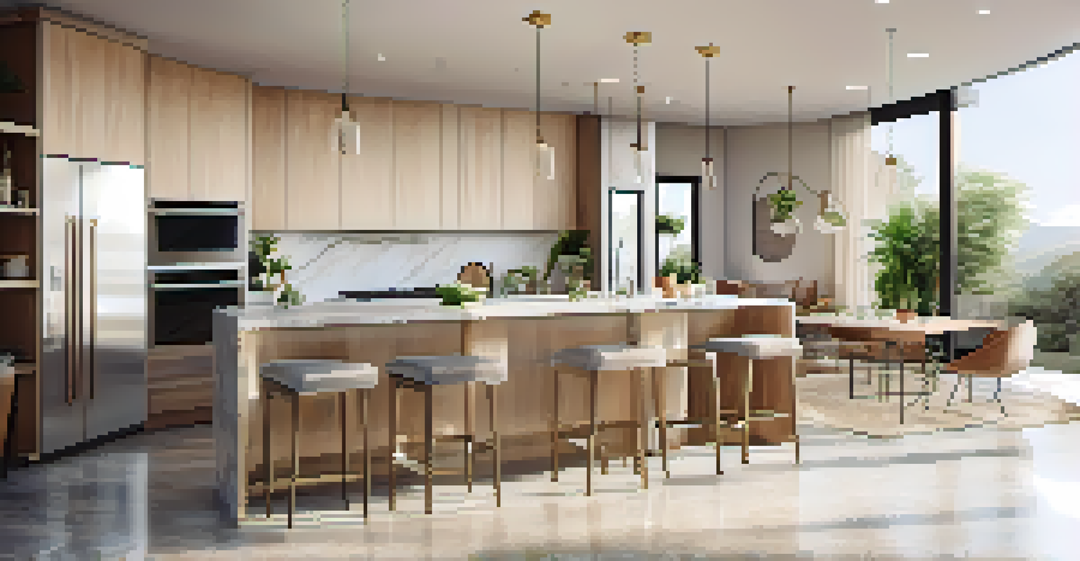 A modern kitchen with marble countertops, metal bar stools with fabric cushions, and plants, illuminated by natural light.