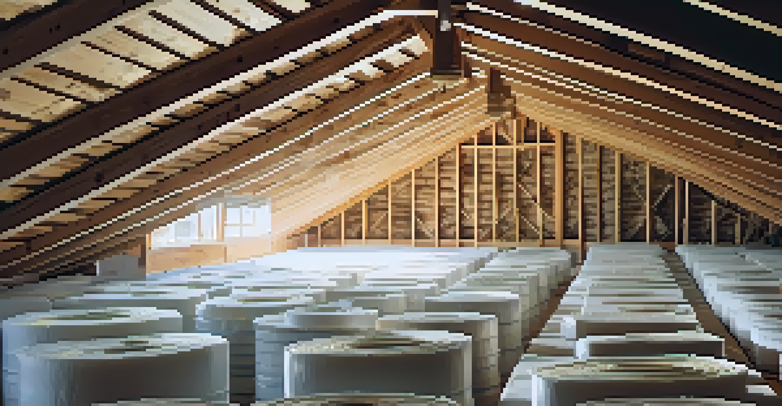An attic with insulation materials like fiberglass and spray foam, illuminated by sunlight.