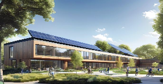 A contemporary building designed for net-zero energy, featuring solar panels, large windows, and lush greenery, with people in a communal garden.