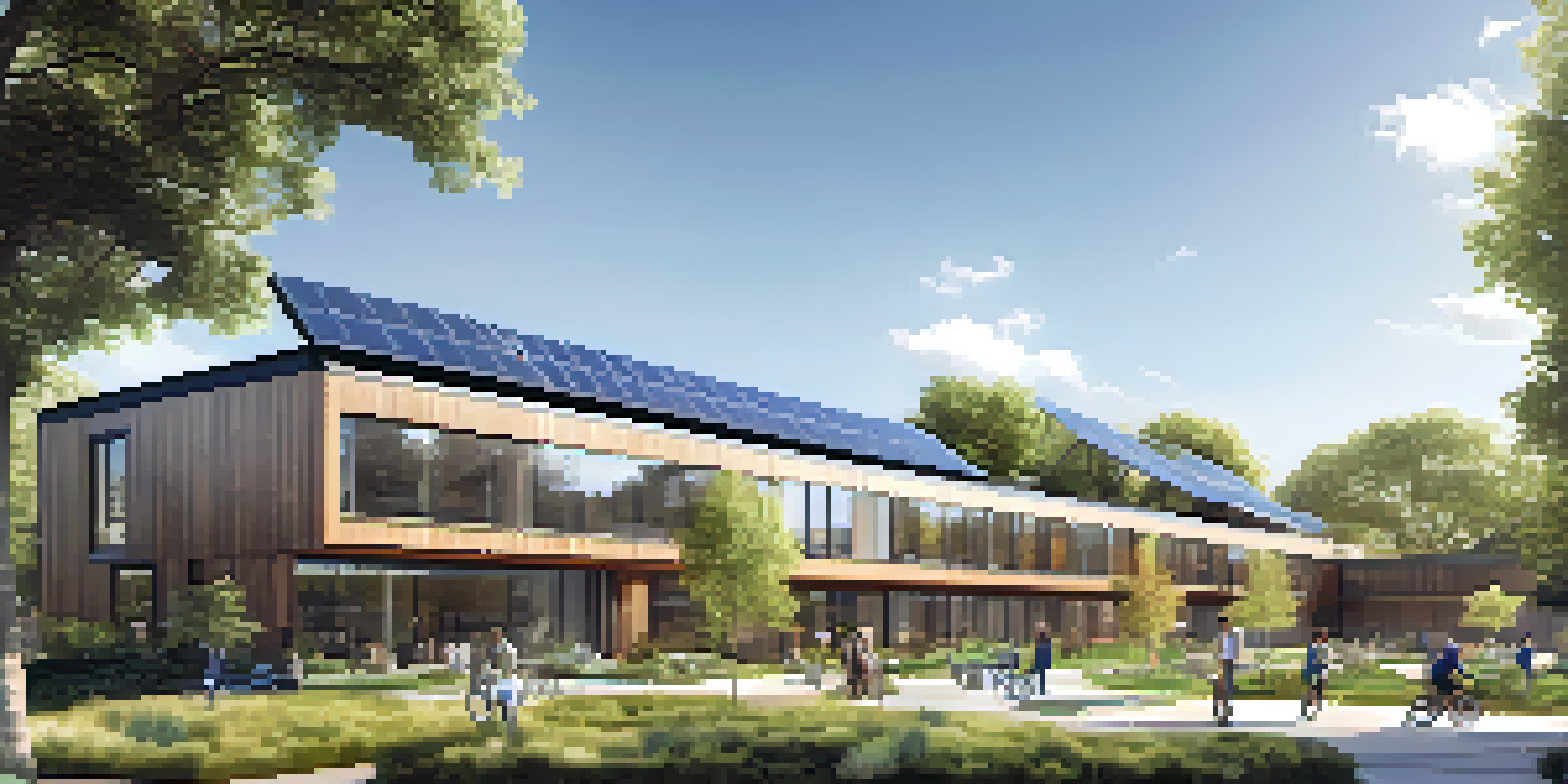 A contemporary building designed for net-zero energy, featuring solar panels, large windows, and lush greenery, with people in a communal garden.