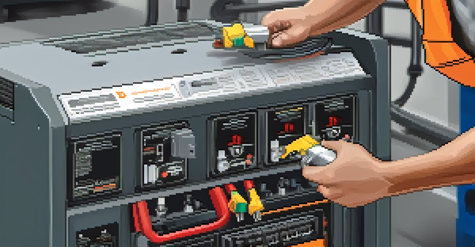 A technician maintaining a backup power battery system, with tools beside them, emphasizing the importance of regular maintenance.