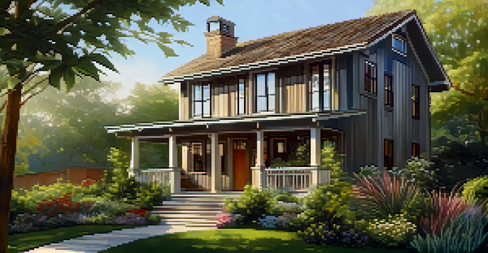 A renovated historic house with reclaimed wood siding and energy-efficient windows, surrounded by a lush garden of native plants under warm sunlight.