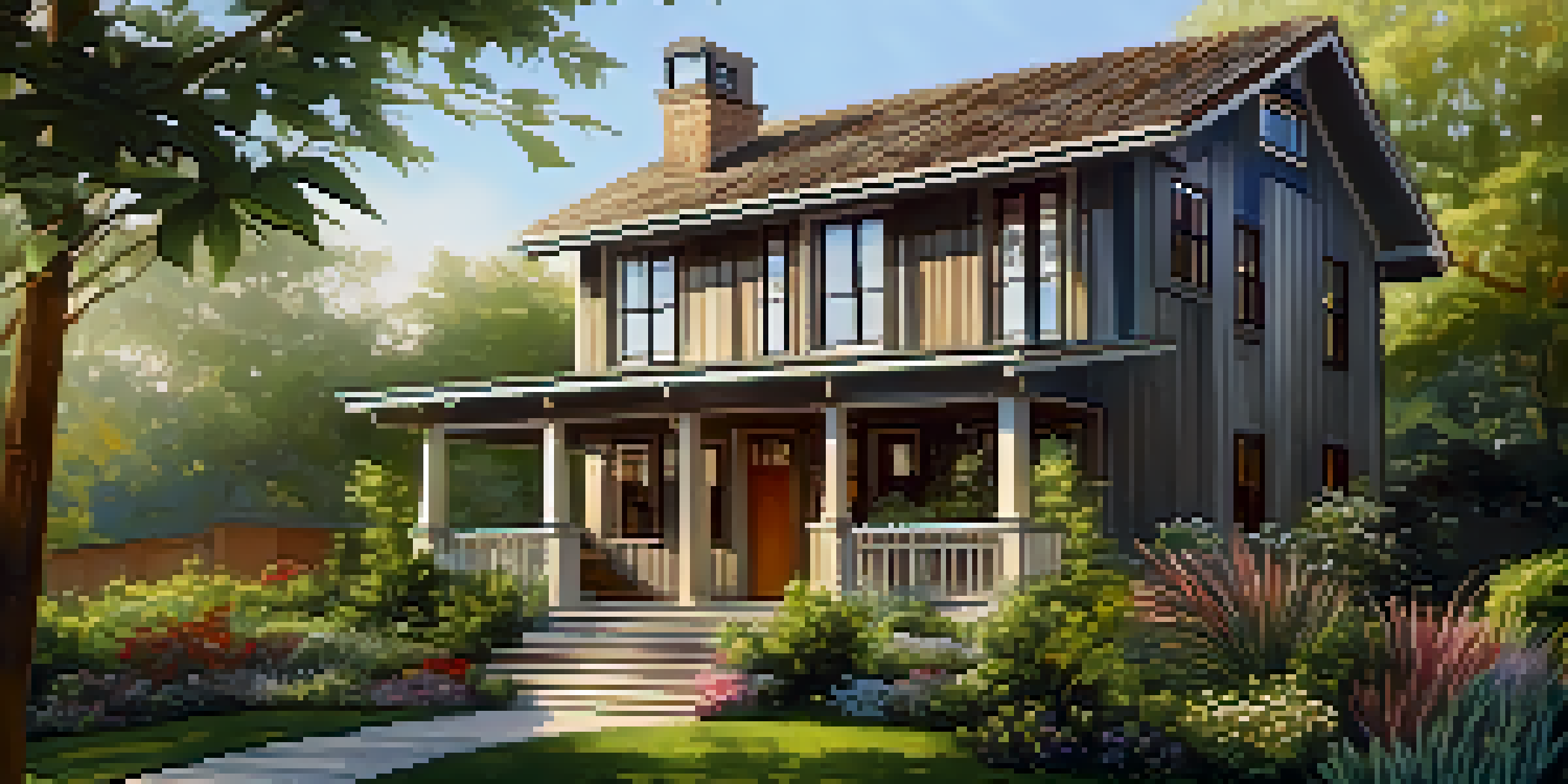 A renovated historic house with reclaimed wood siding and energy-efficient windows, surrounded by a lush garden of native plants under warm sunlight.