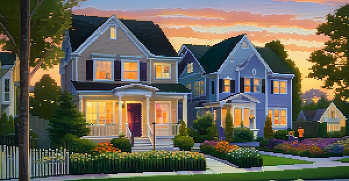 A picturesque suburban neighborhood at sunset with modern homes, flowerbeds, and children playing.