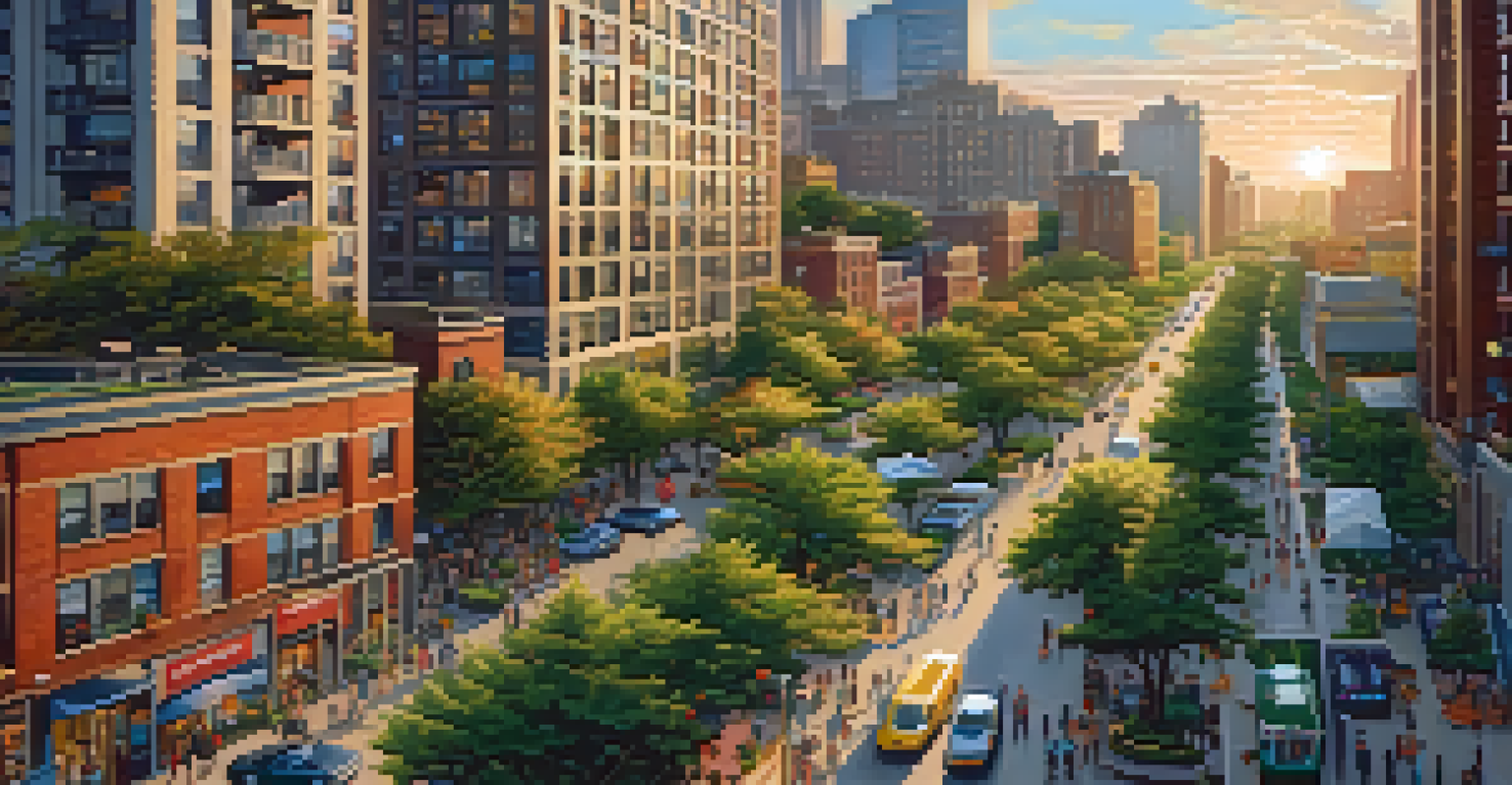 An aerial view of a vibrant urban area with high-density apartments, parks, and colorful storefronts during sunset.