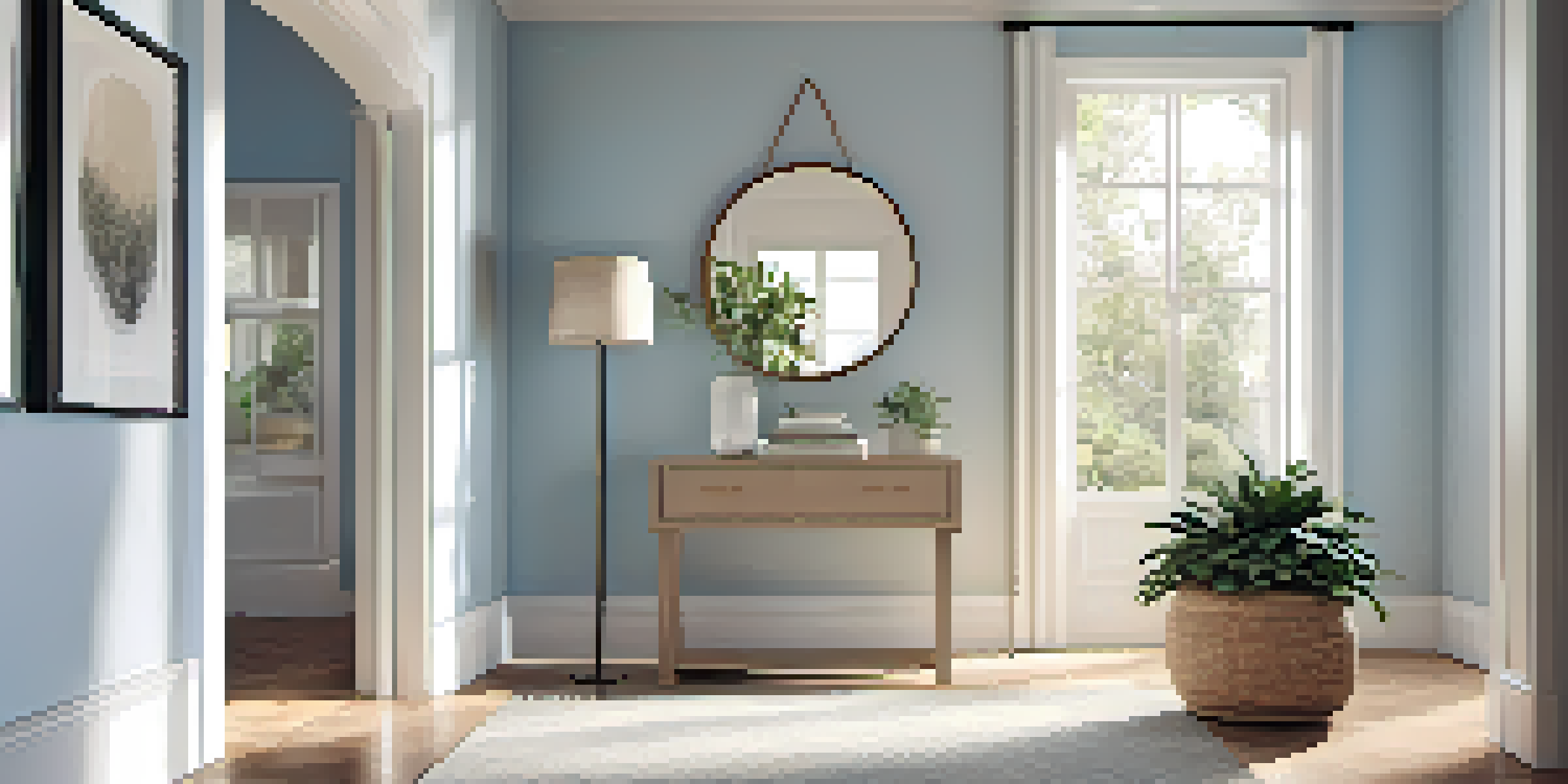 A modern entryway with pastel blue walls, a console table with a plant, and a round mirror, illuminated by natural light.