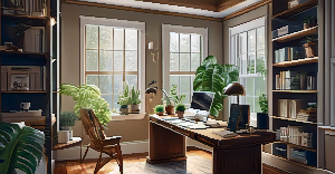 A cozy home office with a desk, laptop, financial documents, and houseplants, illuminated by soft natural light.