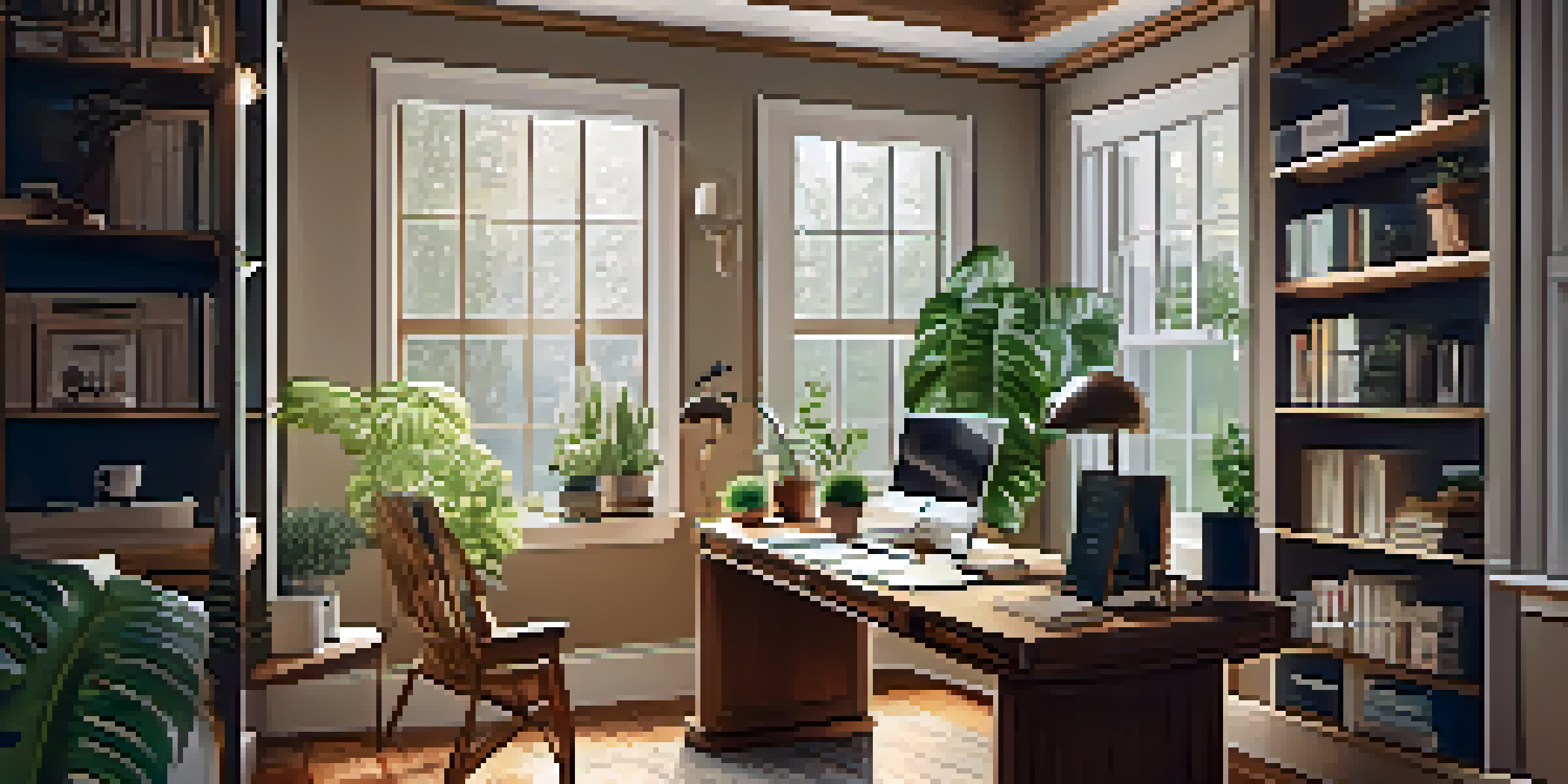 A cozy home office with a desk, laptop, financial documents, and houseplants, illuminated by soft natural light.