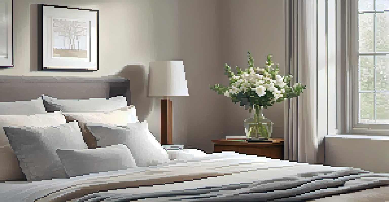 A calming bedroom with a diffuser, fresh flowers, and soft bedding, illuminated by natural light.