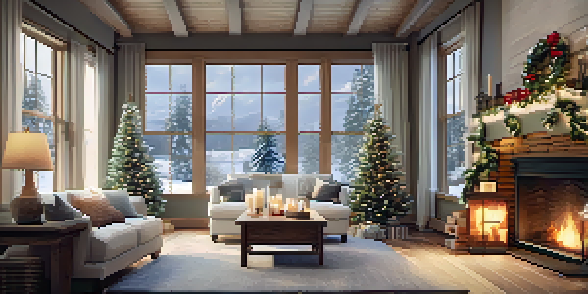 A warm and inviting winter living room with a fireplace, snow outside, and a Christmas tree, designed for comfort.