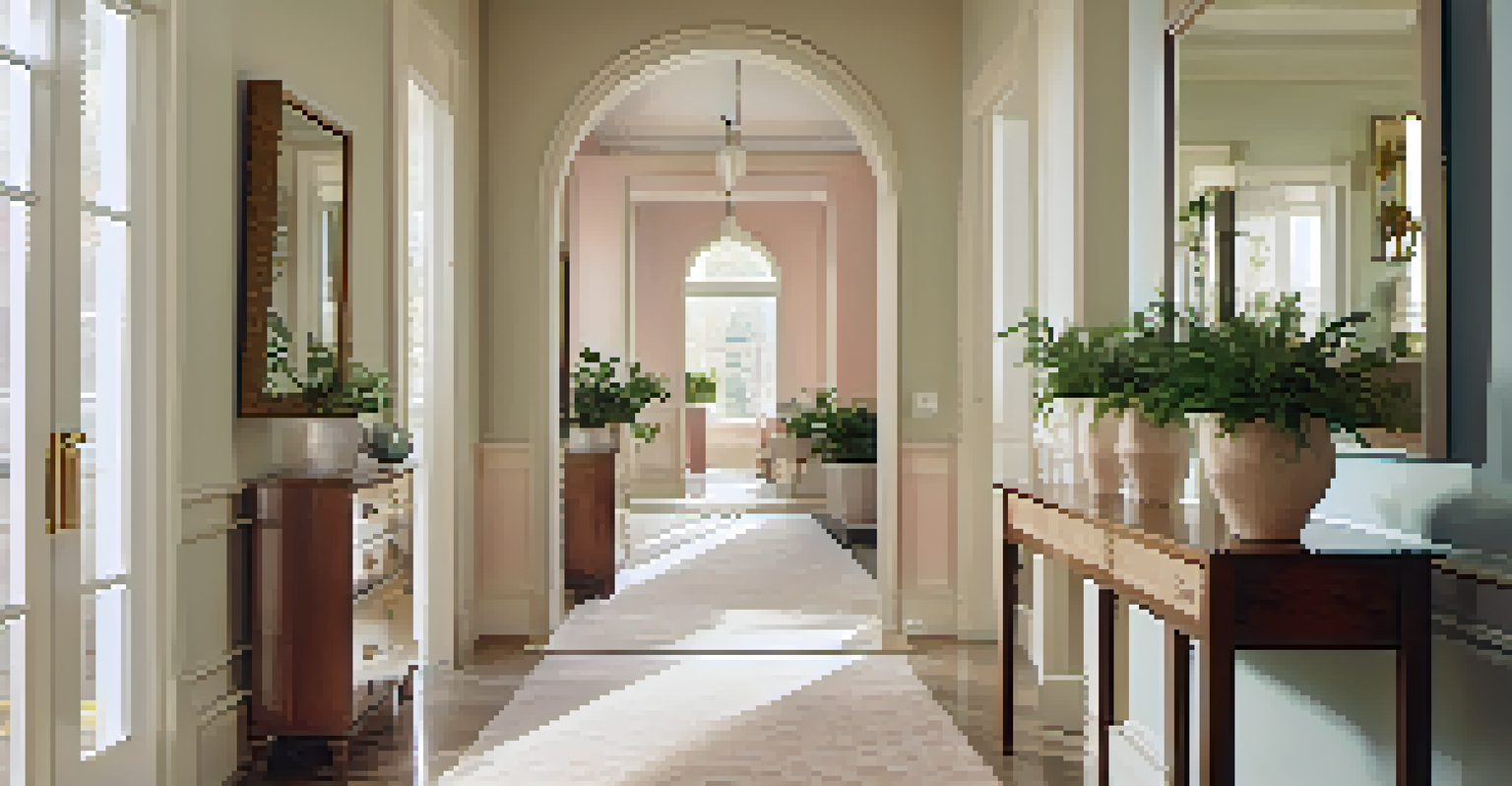 An elegant hallway with a large mirror, pastel-colored walls, and decorative plants for brightness.