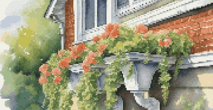 Close-up of clear gutters with water flowing, surrounded by fresh green leaves and flowers, under a bright blue sky.