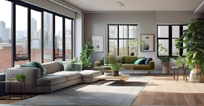 A modern living room in an urban apartment with large windows, contemporary furniture, and plants, illuminated by natural light.