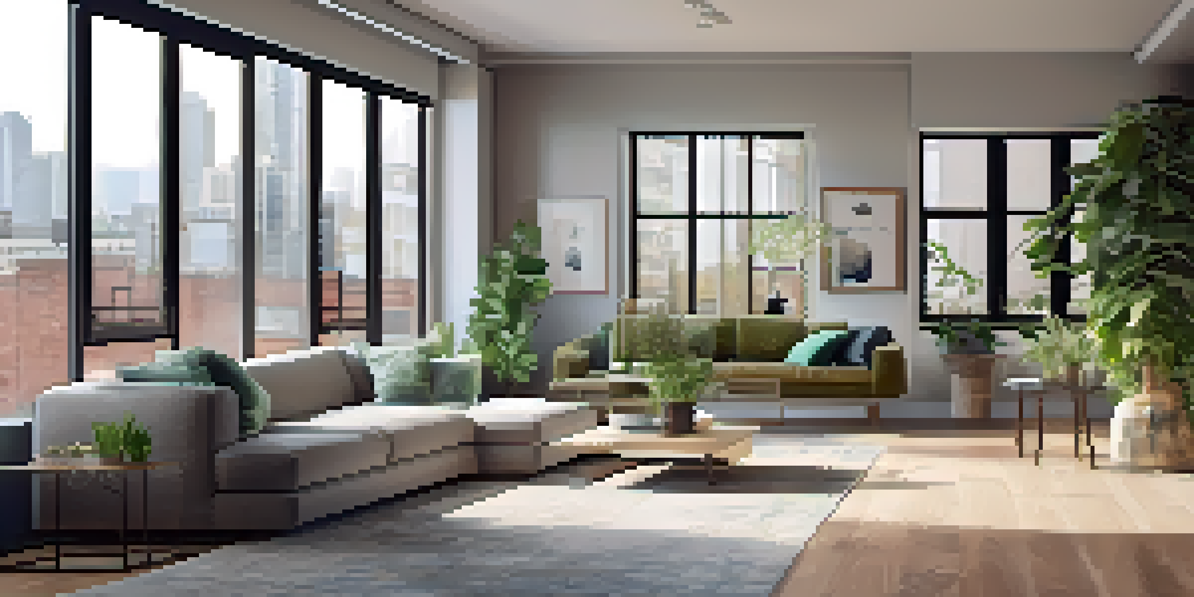 A modern living room in an urban apartment with large windows, contemporary furniture, and plants, illuminated by natural light.