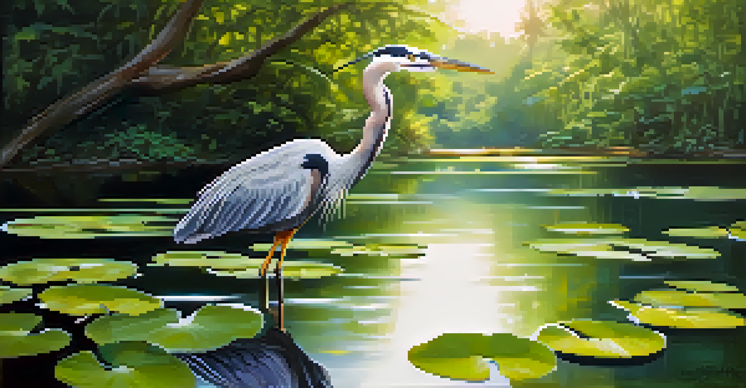 A wooden sculpture of a heron by a peaceful pond surrounded by greenery and water lilies.