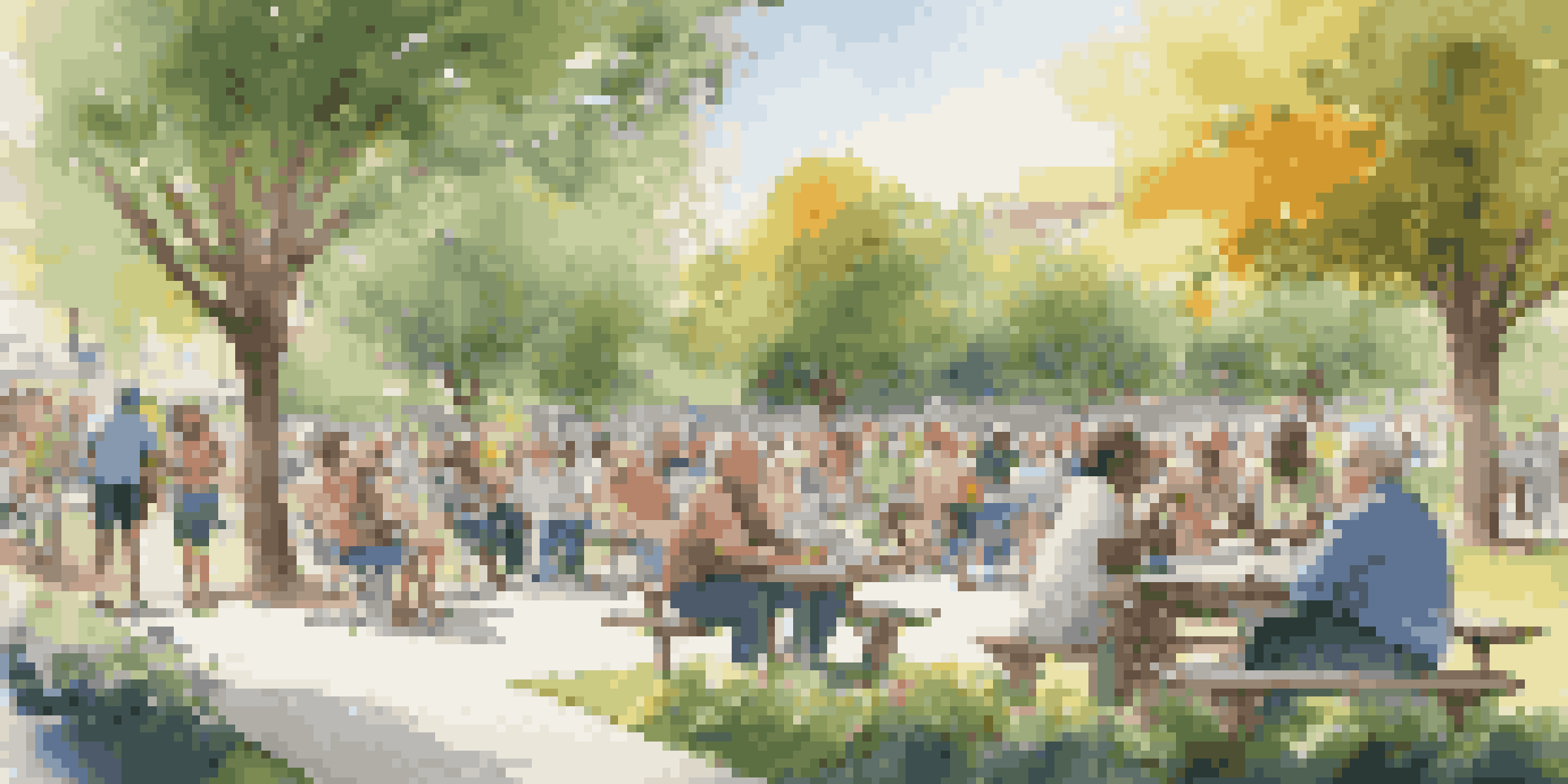 A community park filled with people discussing home design ideas, surrounded by greenery and flowers, with sunlight filtering through the trees.