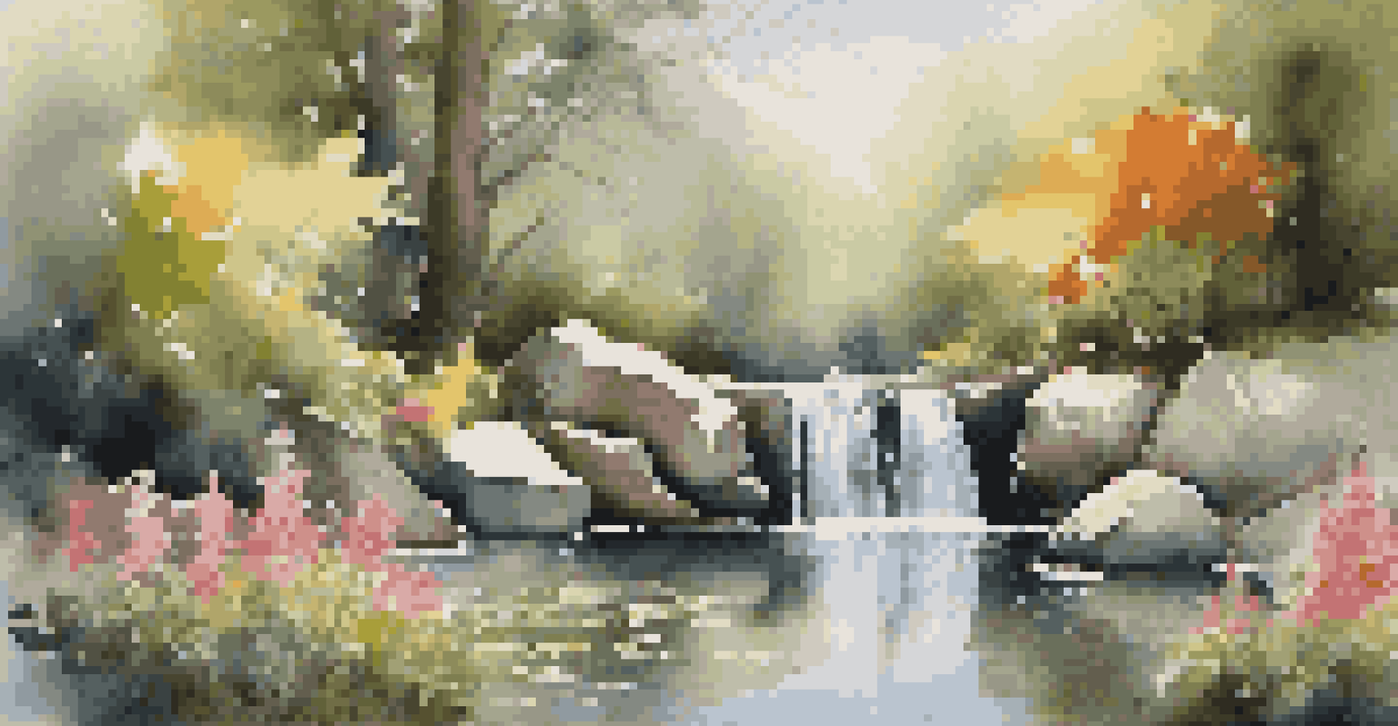 A tranquil pond with a gentle waterfall surrounded by greenery and flowers, reflecting sunlight, creating a peaceful atmosphere.