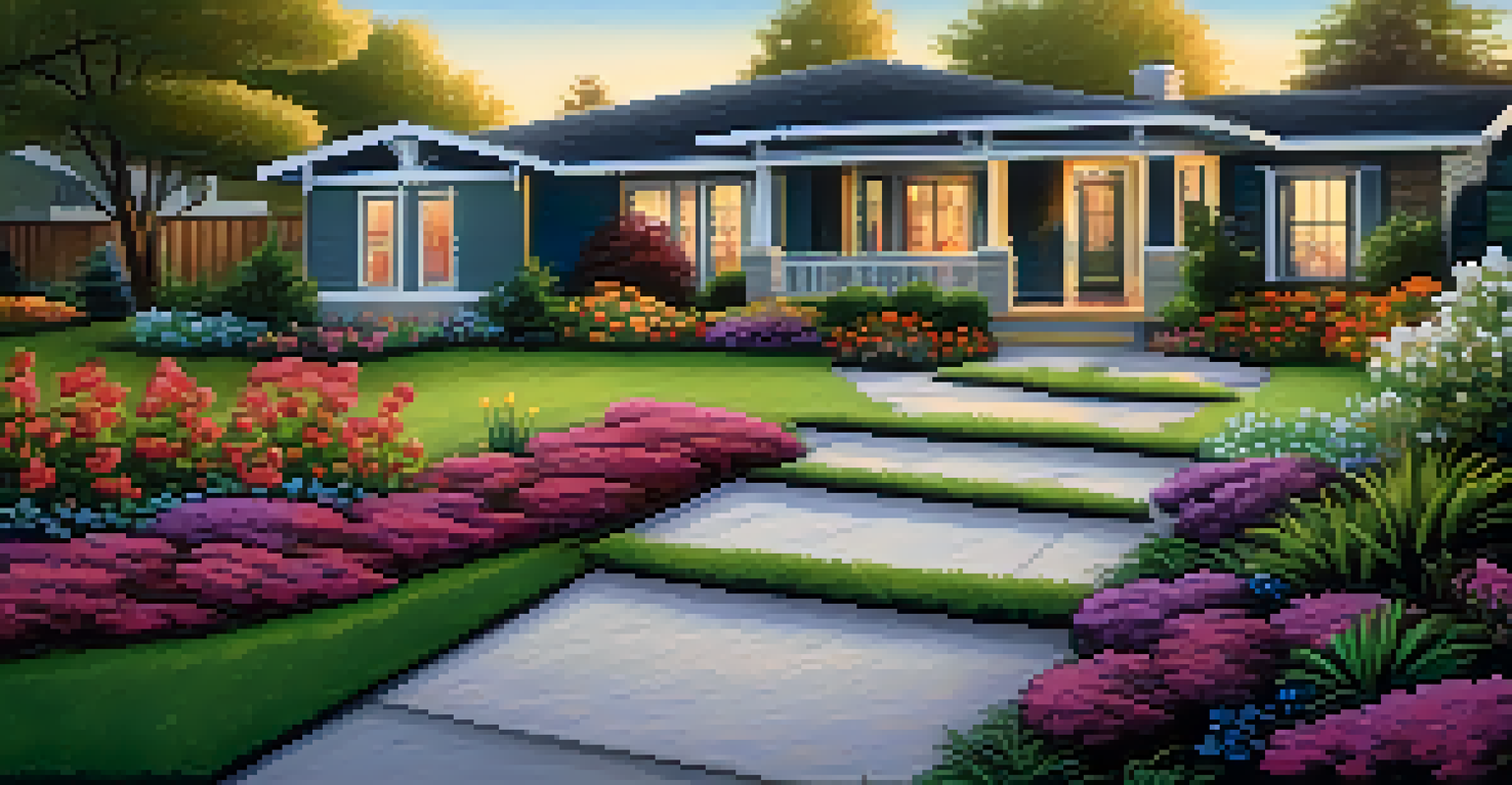 A vibrant garden with colorful flowers and well-maintained lawn, featuring outdoor lighting and a painted front door.