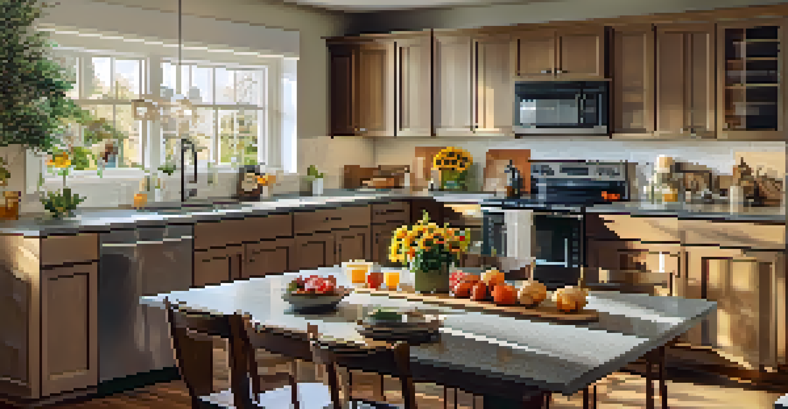 A bright kitchen with modern appliances and a family gathering setup, illuminated by sunlight.