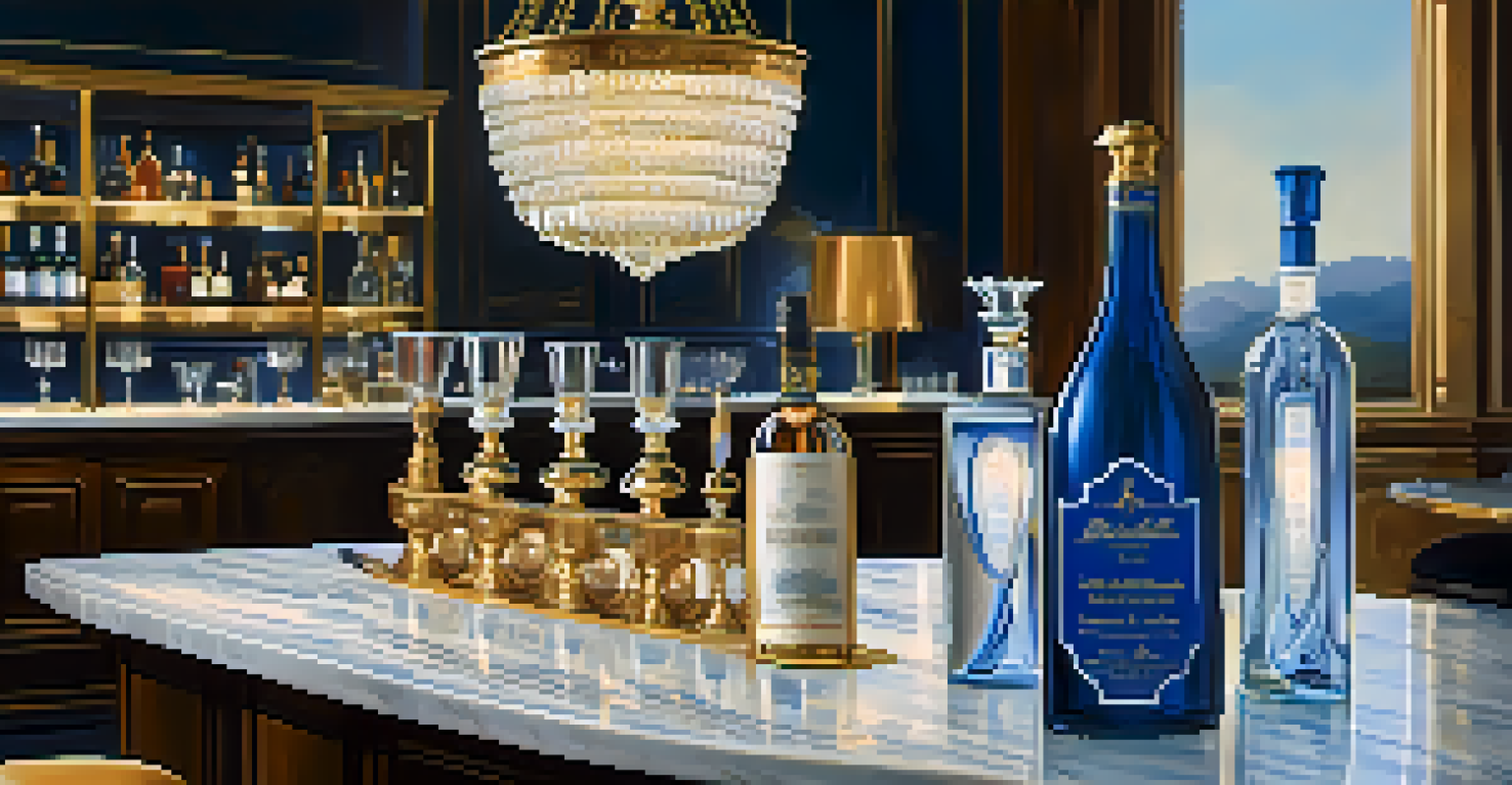 An elegant home bar featuring a vintage chandelier, marble countertop, and a mix of modern and antique barware.