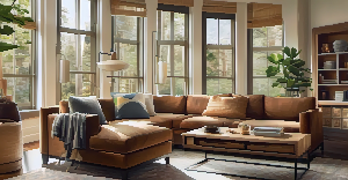 A cozy living room with multipurpose furniture, including a sofa bed and storage ottoman, bathed in natural light.