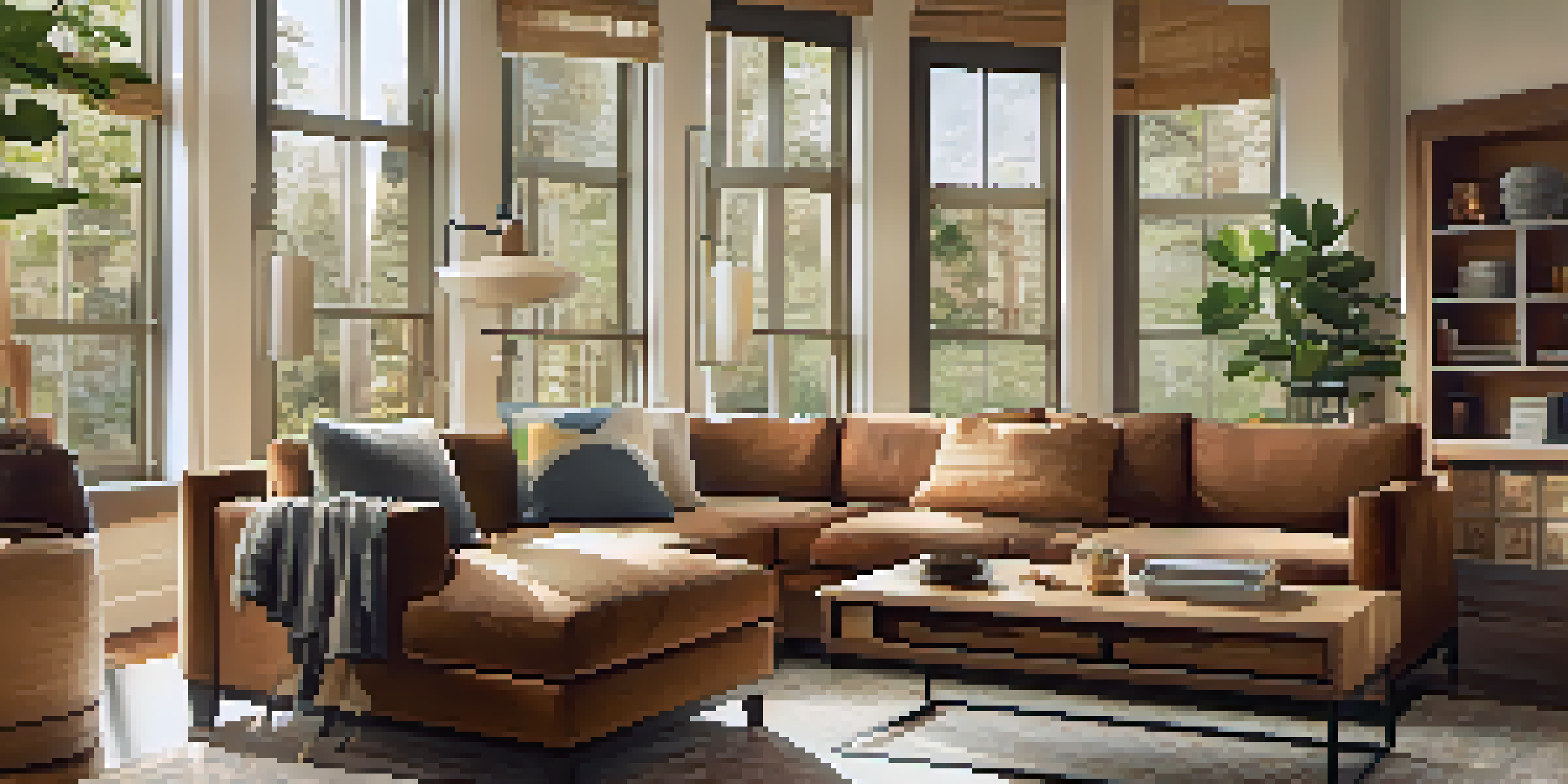 A cozy living room with multipurpose furniture, including a sofa bed and storage ottoman, bathed in natural light.