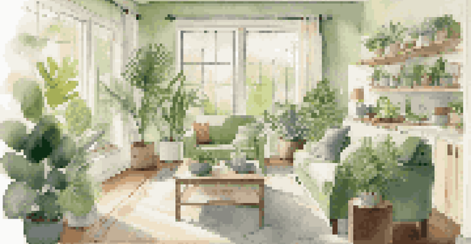 A family in a cozy living room with energy-efficient appliances and natural light, discussing home improvement plans with a blueprint on the table.