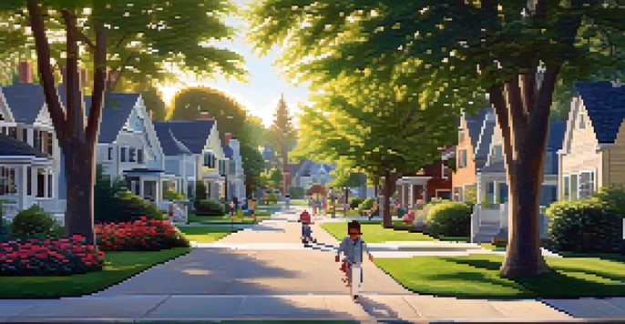 A peaceful suburban neighborhood with green parks and families enjoying outdoor activities.