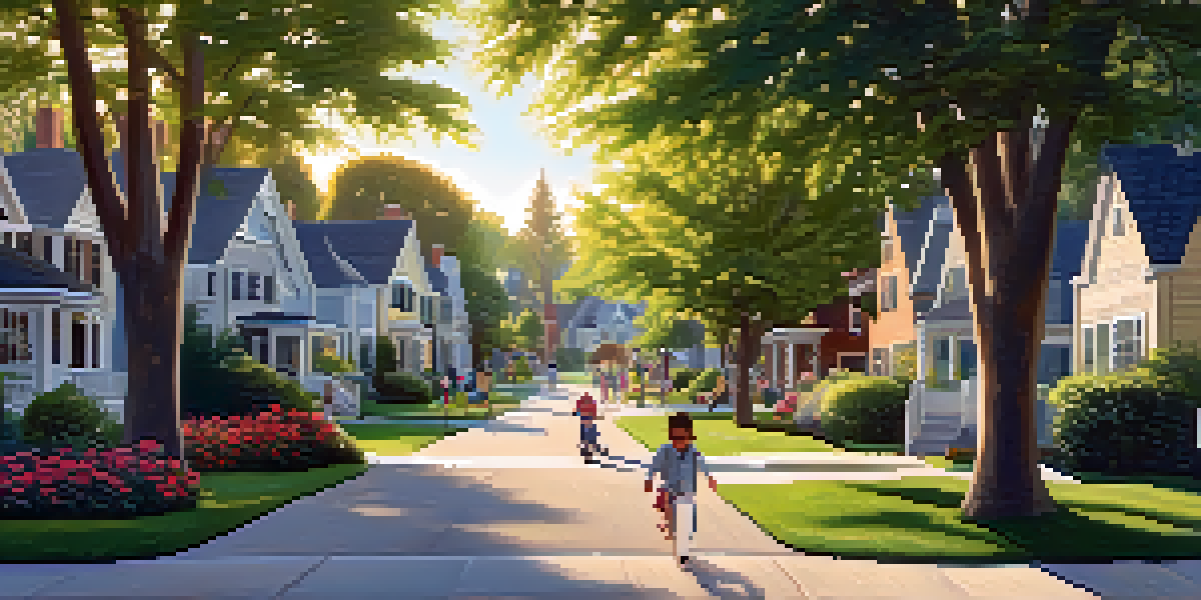 A peaceful suburban neighborhood with green parks and families enjoying outdoor activities.