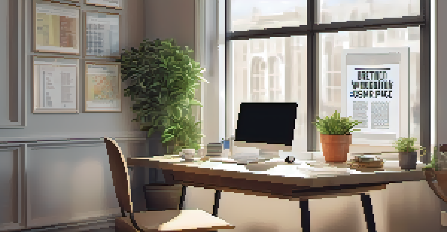 A sleek office desk setup with a laptop, coffee mug, and motivational posters, illuminated by natural light.
