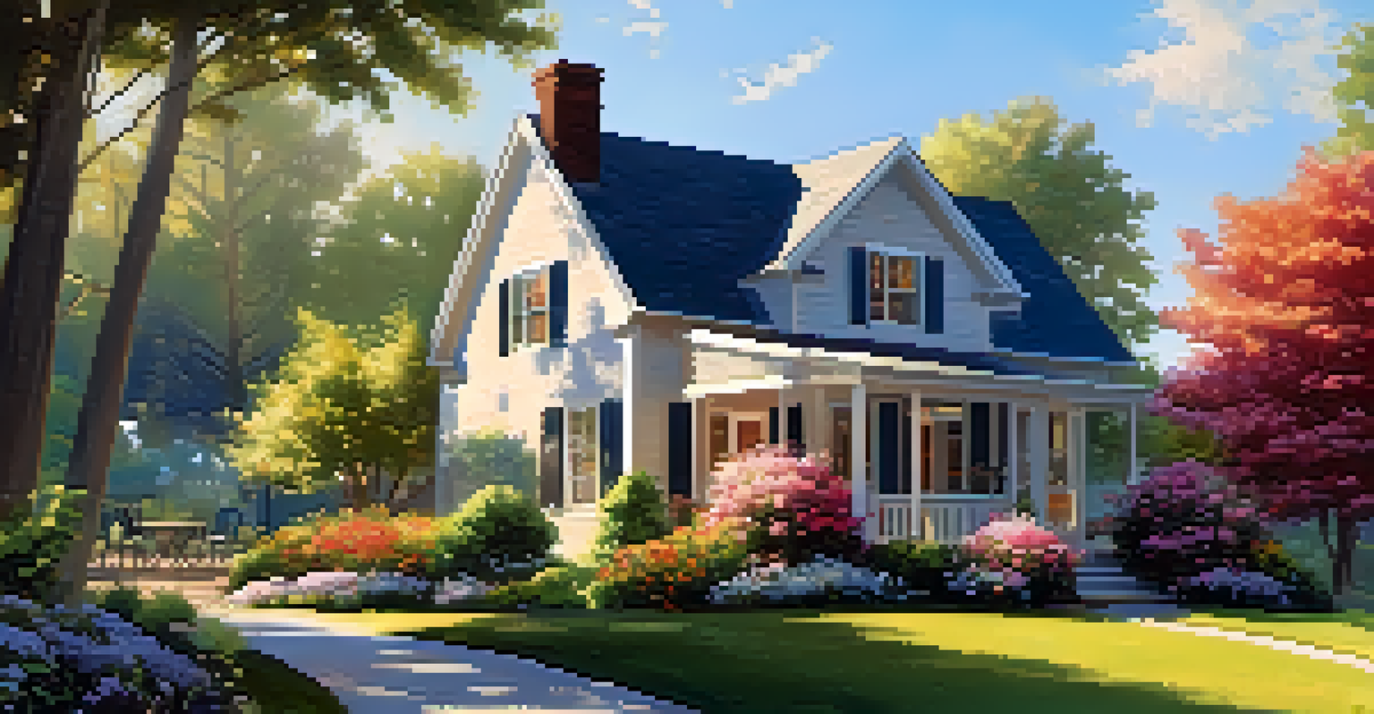 A charming family home with a beautiful garden and sunlight filtering through trees.