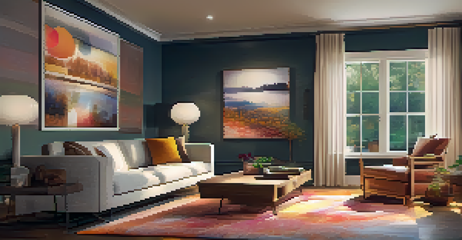 A cozy living room showcasing smart home technology and inviting decor, with warm ambient lighting.