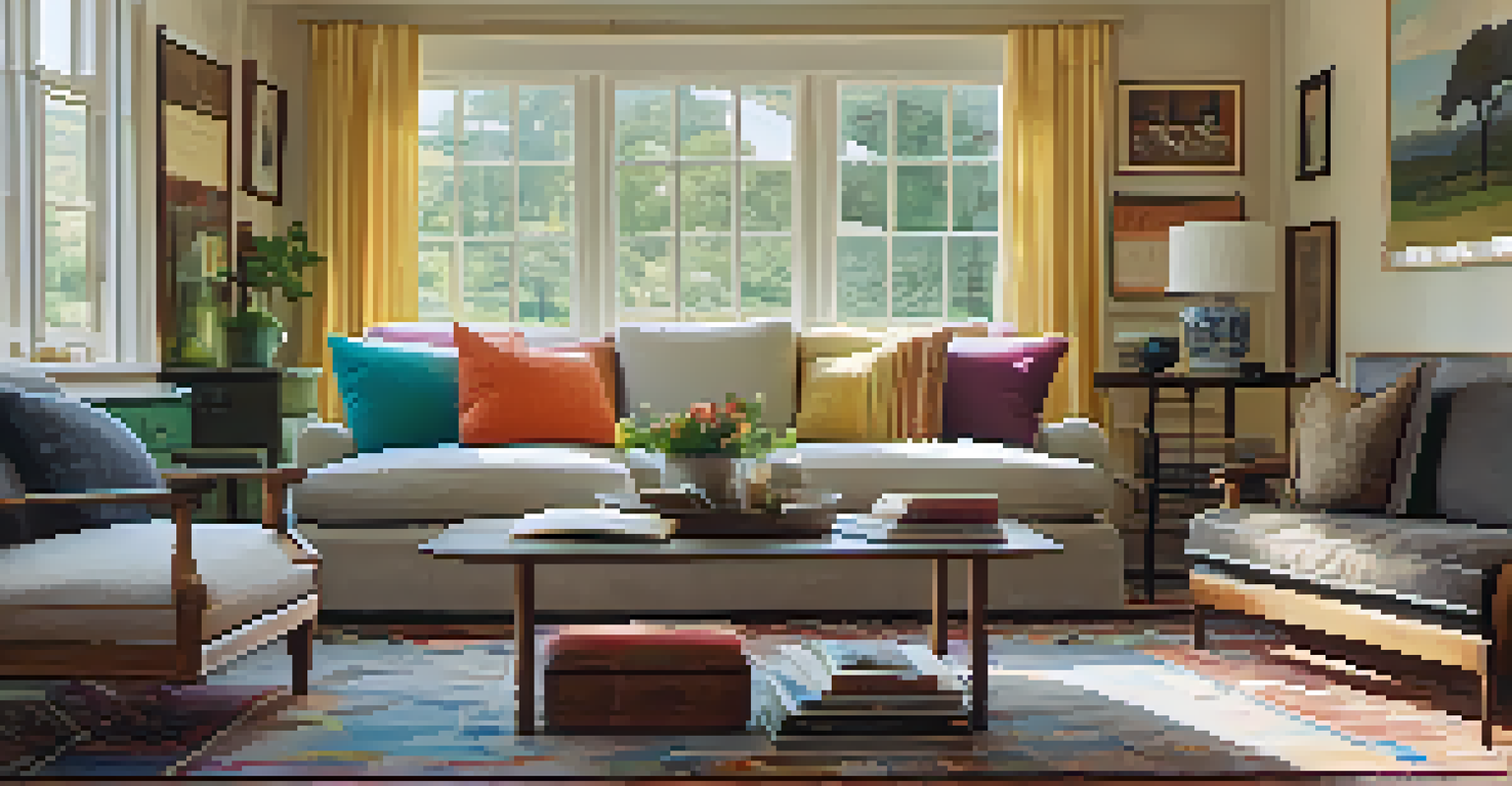 A cozy living room with a sofa, coffee table, and artwork on the walls, illuminated by soft afternoon light from a window.