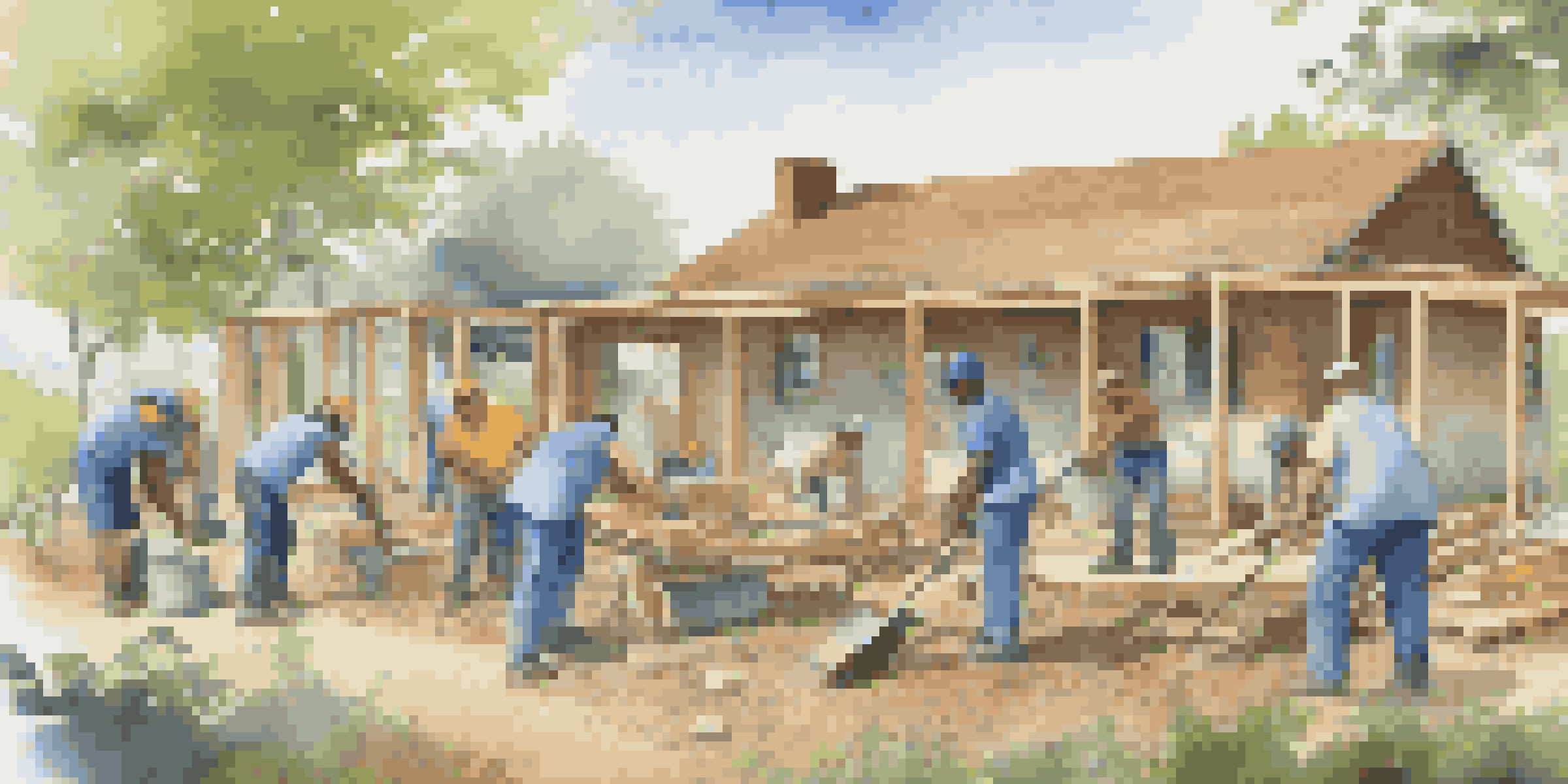 Volunteers collaborating to build a house in a sunny community environment, with various individuals using tools and smiling.