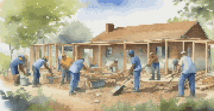 Volunteers collaborating to build a house in a sunny community environment, with various individuals using tools and smiling.