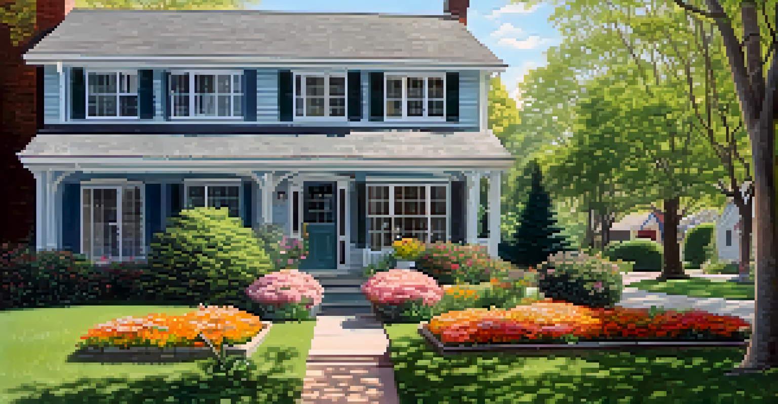 A person cleaning gutters on a suburban home surrounded by blooming flowers.