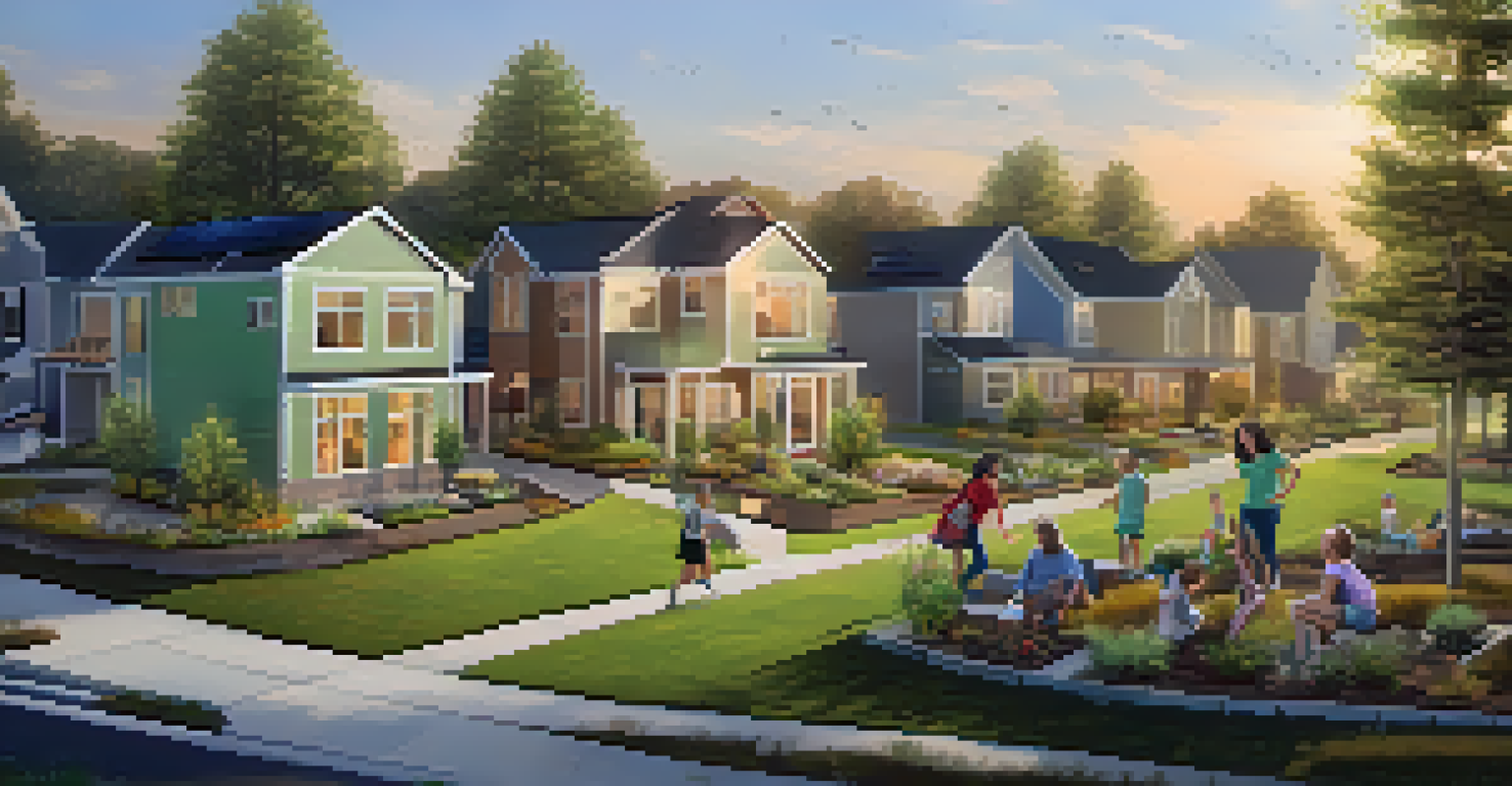 A suburban community with net-zero energy homes, featuring families outdoors, eco-friendly designs, and a warm golden hour light.
