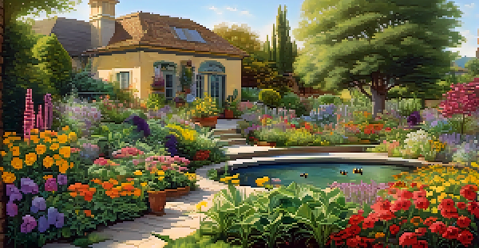 A colorful and diverse home garden with flowers, vegetables, and herbs, illuminated by sunlight, featuring bees and butterflies.