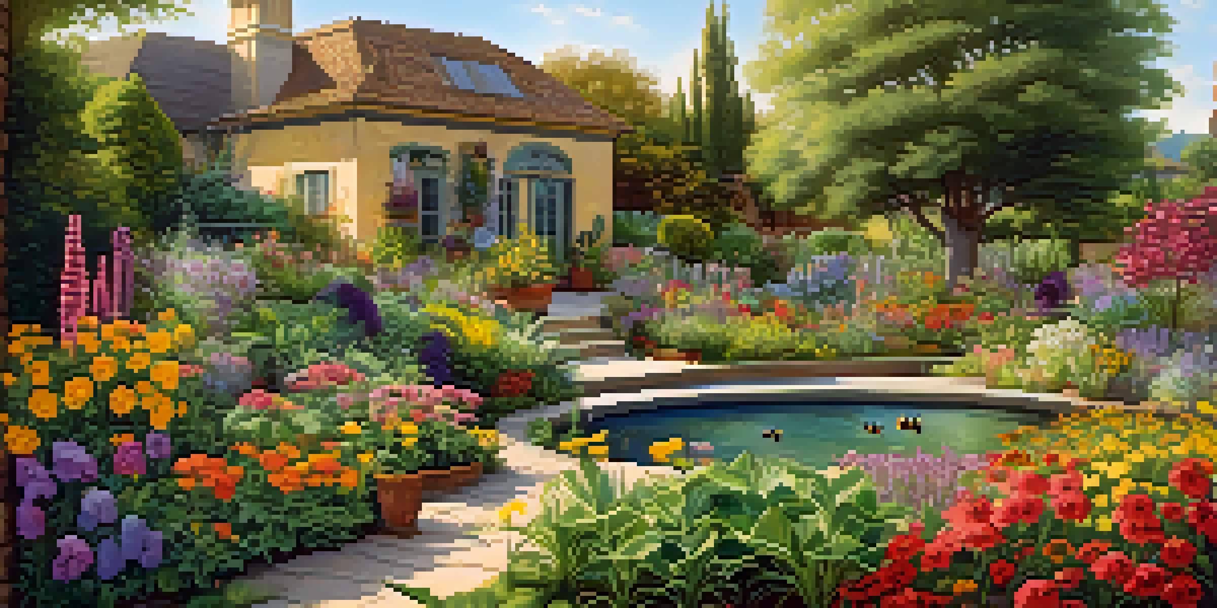 A colorful and diverse home garden with flowers, vegetables, and herbs, illuminated by sunlight, featuring bees and butterflies.