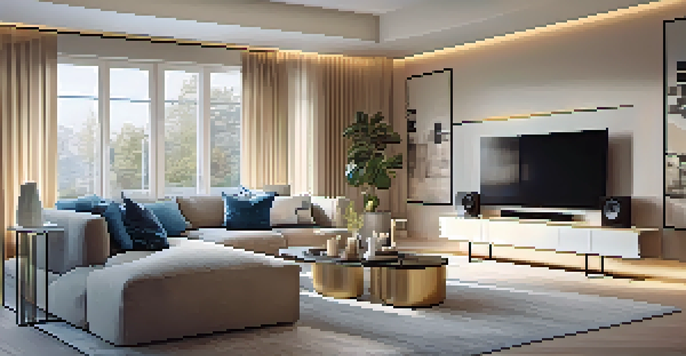 A contemporary living room with a smart TV, smart speakers, a sofa, and ambient lighting, showcasing a cozy entertainment setup.