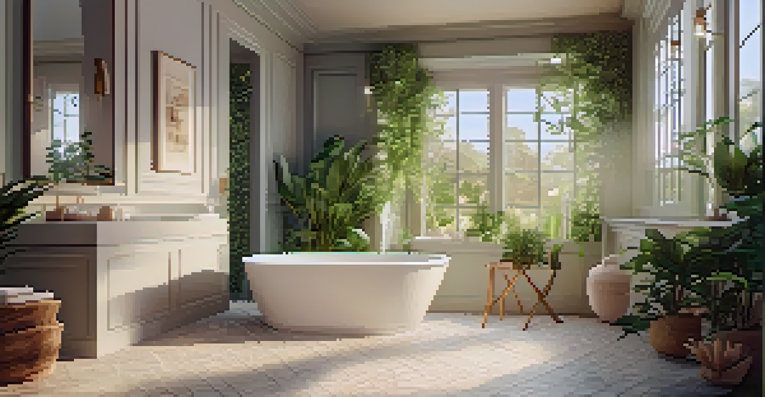 A serene bathroom with a freestanding bathtub, plants, pastel walls, and elegant tiled floors.