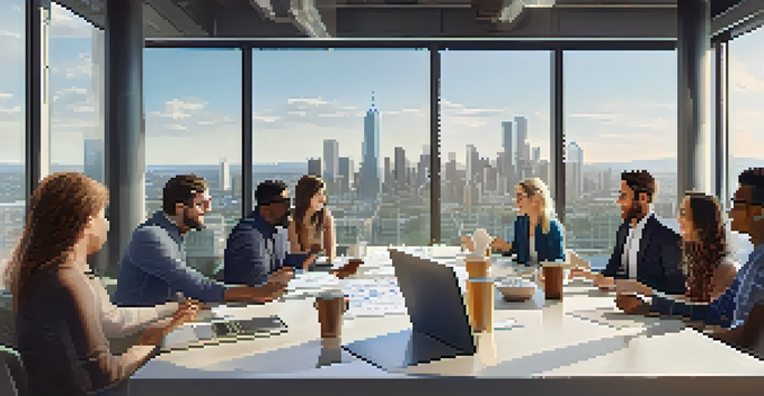 A group of diverse individuals engaged in a discussion about real estate crowdfunding, with charts and laptops on the table and a city skyline visible through large windows.