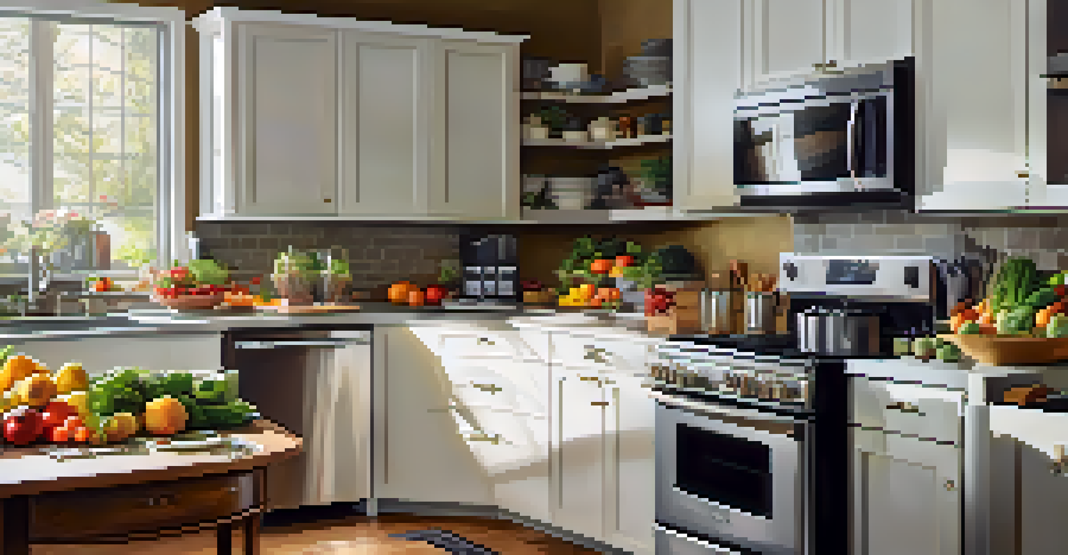 A kitchen filled with energy-efficient appliances, showcasing a clean and organized space with fresh produce and natural sunlight.